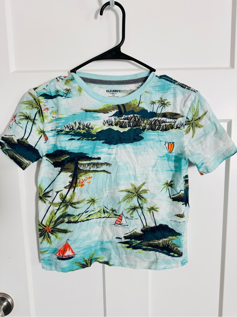 Old Navy Light Blue Tropical Print Tee with Red Accents